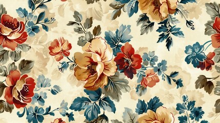 A floral print with a blue and green background. The flowers are red and yellow. The print is very colorful and lively