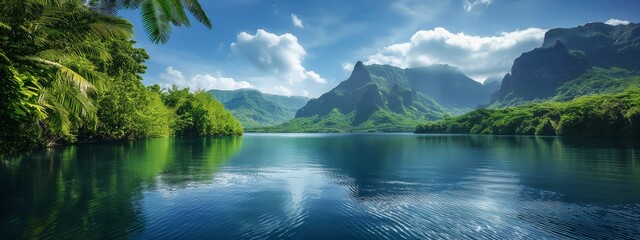 quiet peaceful lake with lush dense green forest background