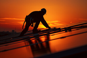 A silhouetted man wearing safety gear is seen working on a rooftop solar panel system at sunset, highlighting the human effort in harnessing renewable energy sources.