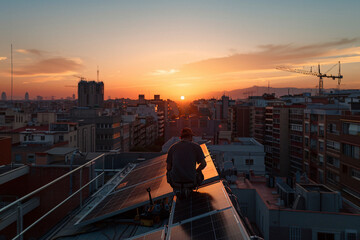A rooftop solar technician is working on solar panels during a beautiful city sunset, symbolizing the integration of renewable energy within urban environments.