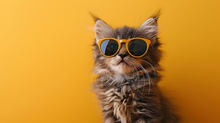 Cute fluffy kitten wearing yellow sunglasses on a bright yellow background, looking cool and stylish, perfect for fun and trendy themes.