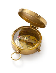 antique brass compass on white background