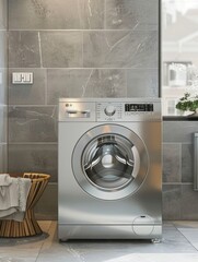 A modern stainless steel washing machine set in a contemporary home interior, emphasizing sleek design and functionality.