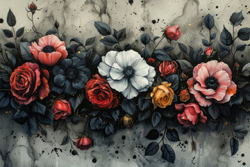 パネルの壁アート、壁の装飾、花のデザインの大理石の背景