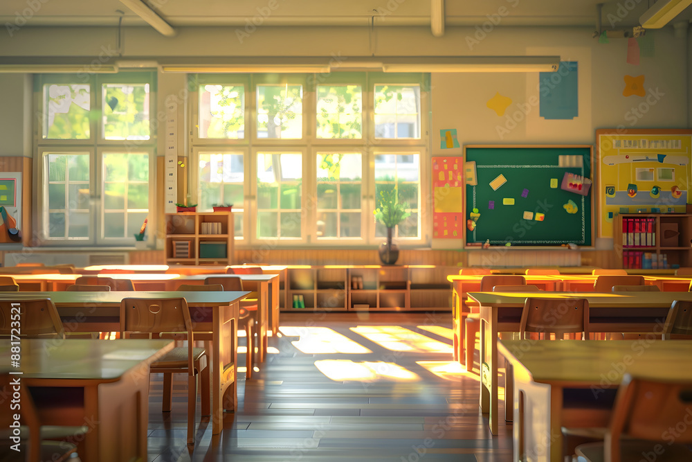 Sticker elementary school classroom ready for the start of school in the fall