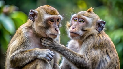 two macaques in close proximity to each other against a background of green vegetation, AI, wild nature monkeys