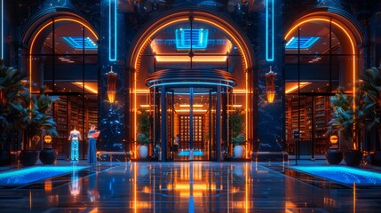 Futuristic Neon Library Entrance - Generative AI