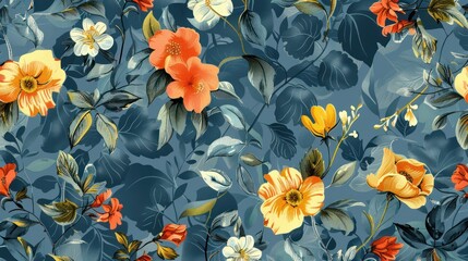 A blue and orange floral print with yellow flowers. The flowers are in various sizes and are scattered throughout the image. Scene is bright and cheerful, with the combination of blue