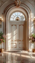 Naklejka premium Arched door, three pedestals, light beige background, warm light.
