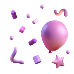 Confetti party clapper 3d vector, shapes. Birthday or carnival fireworks or popper paper streamers, star and elements for greeting design. purple, pink