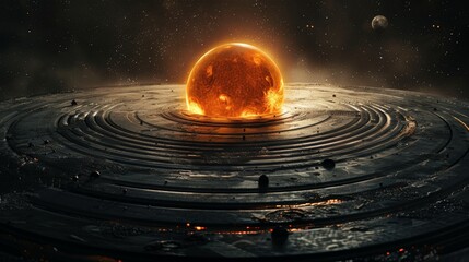 Obraz premium A solar system in the shape of a vinyl record, black white and orange, magma sun in the center, small planet orbitating around, vinyl is the orbits.