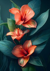 A painting of three orange flowers with green leaves. The painting has a bright and cheerful mood