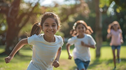 Obraz premium Young latin american girl kid running in a park