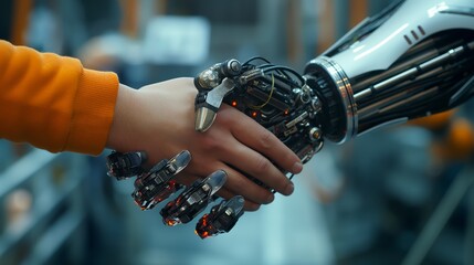 Ai robot hand hand shaking with human hand, idea for Artificial intelligence technology as human creative partner, assistant Ai, Chat bot