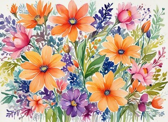 An illustration of a colorful abstract floral artwork fof a variety of flowers in full bloom