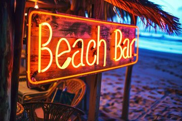 Wooden neon sign with an open beach bar on a beach background.