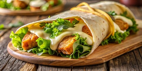 Freshly prepared crispy chicken wrap filled with tender chicken, crisp lettuce, melted mozzarella cheese, and drizzled with yellow honey sauce, wrapped in a warm tortilla.