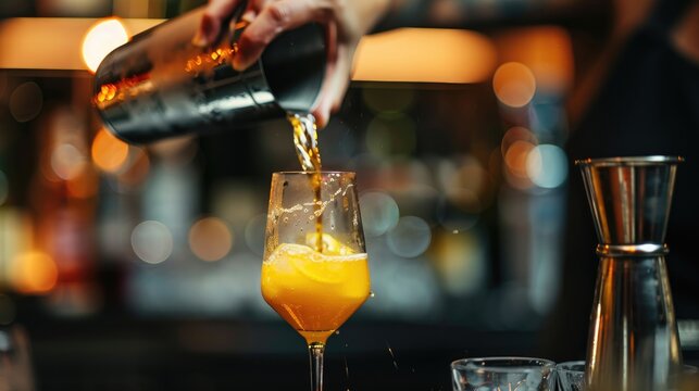 Bartender pouring yellow drinks with space for text