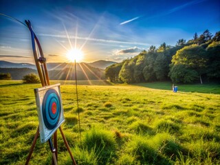 Focused bow and arrow rest on a grassy field awaiting young archer's return, colorful target stands nearby, surrounded by sun-drenched landscape and clear blue sky.