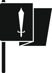 Simple black and white icon of a flag waving in the wind, featuring a sword, symbolizing war, conquest, and power