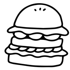 Hand drawn black and white color of burger design isolated on transparent background. Vector illustration. 