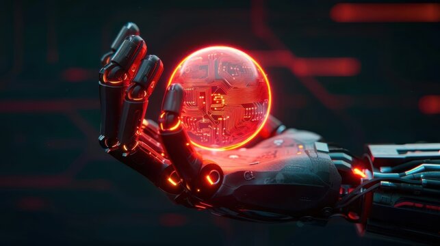Abstract robotic hand with intricate engineering details, holding a glowing orb, neon circuitry visible
