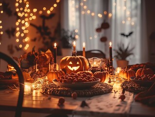 Cozy and Warm Photo of a Halloween-Themed Table Setting for a Festive Dinner Party