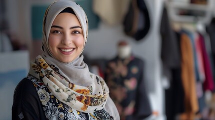 A creative female fashion designer in hijab wearing stylish clothes and smiling at the camera in a modern design studio with fabric and sketches, showcasing creativity and passion in fashion design