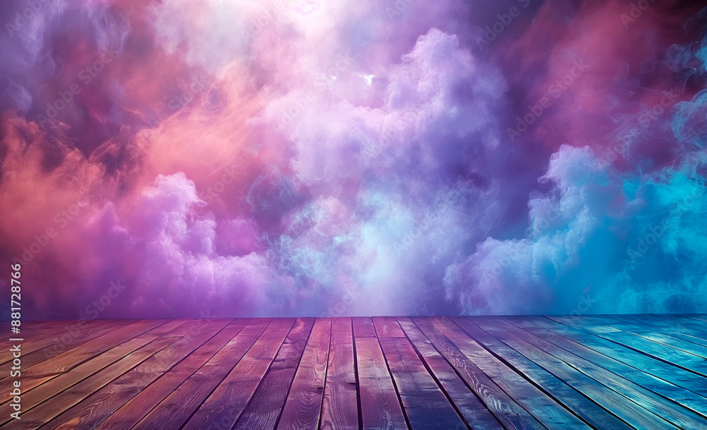 Poster ethereal clouds over a wooden floor, with a modern fantasy style on a bright gradient background, co