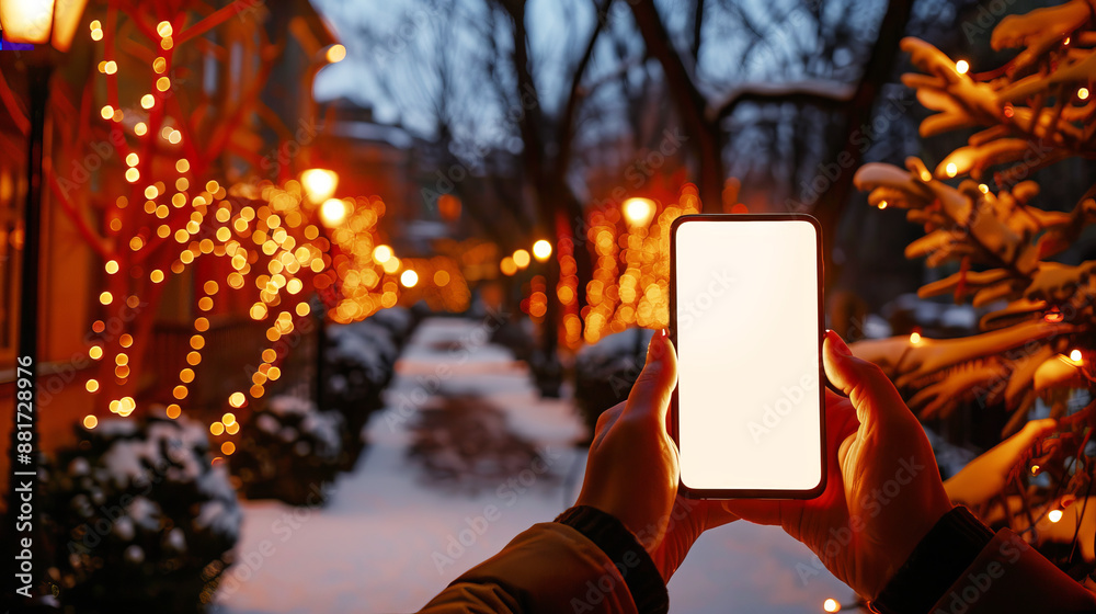 Poster hands holding a smartphone with a blank screen, evening winter scene with festive lights, for a mock