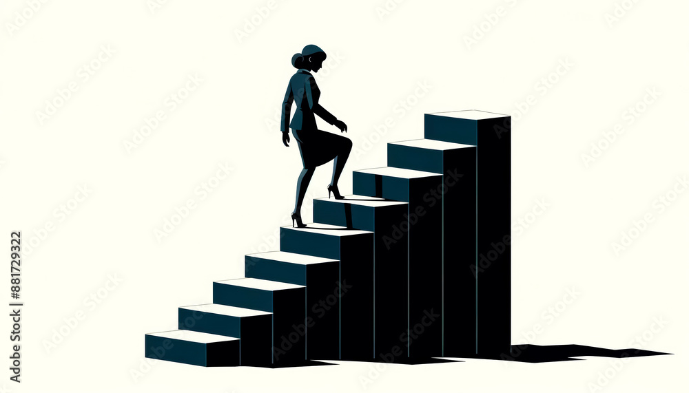 Poster Silhouette of a person ascending steps resembling a bar graph, simplistic style, white background, concept of progress. Generative AI