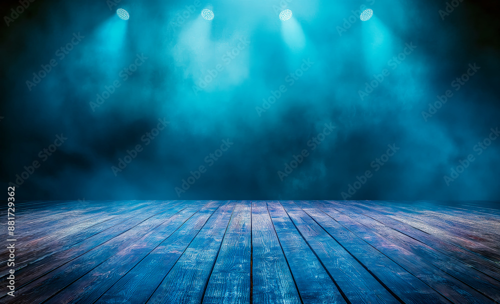 Aufkleber empty wooden floor with a smoky blue background illuminated by spotlights, concept of a stage or pre