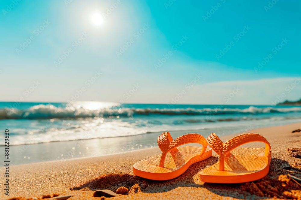 Poster a pair of orange flip-flops on a sandy beach with the ocean and a sunny sky in the background, conce