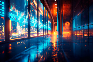 A corridor with illuminated financial data graphs on screens, glossy floor, vibrant cityscape background, concept of finance. Generative AI