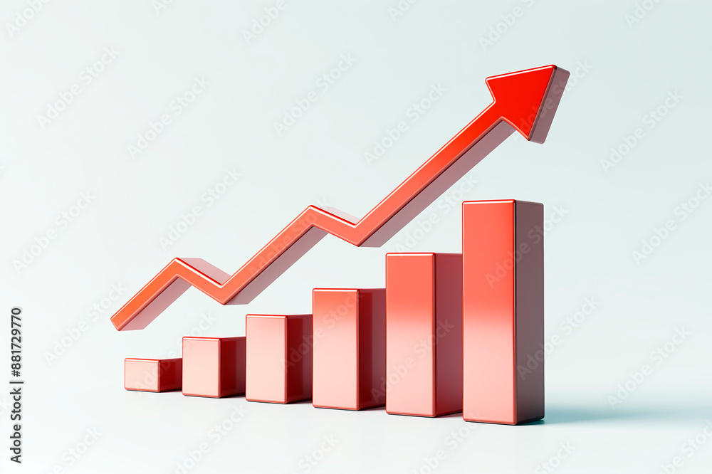 Poster a rising arrow over a bar graph symbolizing growth, minimalist style, on a plain background, concept