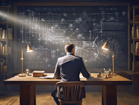 A man at a desk facing a chalkboard full of mathematical and physics equations, in a wooden study room, concept of research. Generative AI