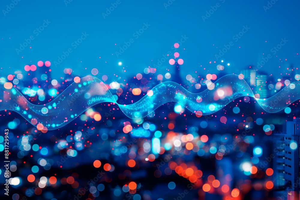 Poster a glowing digital wave with bokeh lights over a blurred cityscape at night, symbolizing modern techn