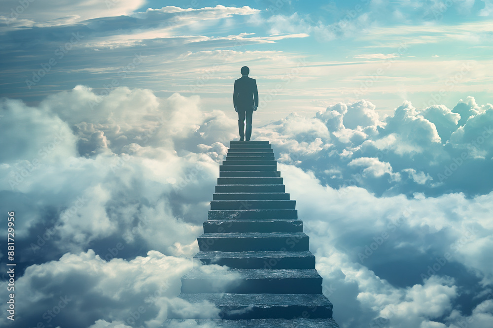 Poster a person standing atop a staircase ascending into the clouds, symbolizing a concept of success or ac
