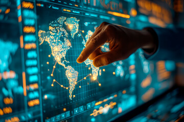 A hand interacting with an interactive digital world map on a futuristic interface, embodying concepts of globalization and technology on a dark background. Generative AI