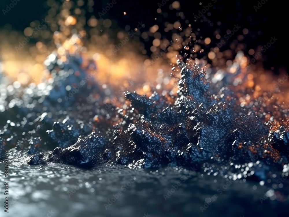 Poster Close-up of sparkling water droplets against a dark backdrop, highlighting creativity and fluid dynamics concept. Generative AI