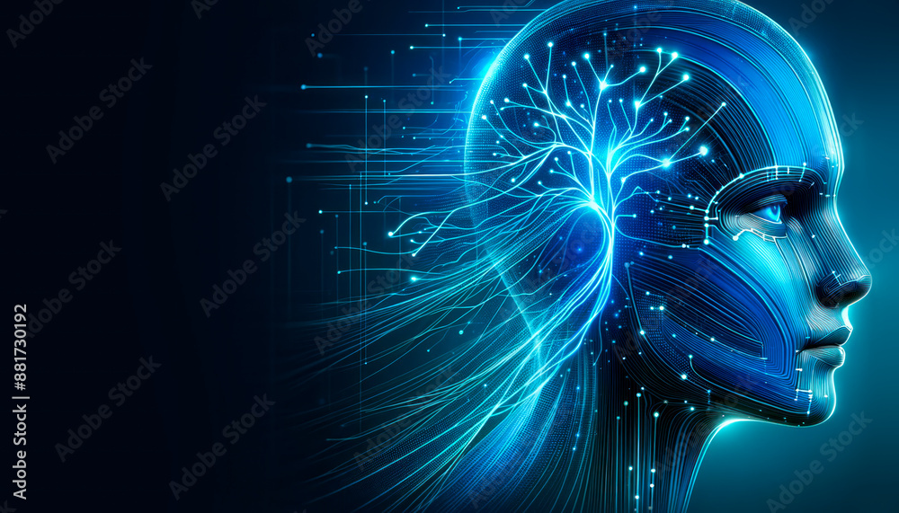 Poster digital illustration of a human profile with neural network motifs, against a dark blue background, 