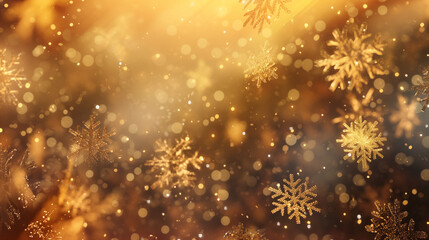 輝く雪の結晶と金色の光：ゴールドのクリスマス背景でおしゃれな冬のファンタジーリアルCGデザインフレーム_12月