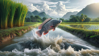 Fototapeta premium Big tilapia jump above the water All around there was water splashing in the stream. There were rice plants all around. In the background there are rice plants, mountains, and clouds.