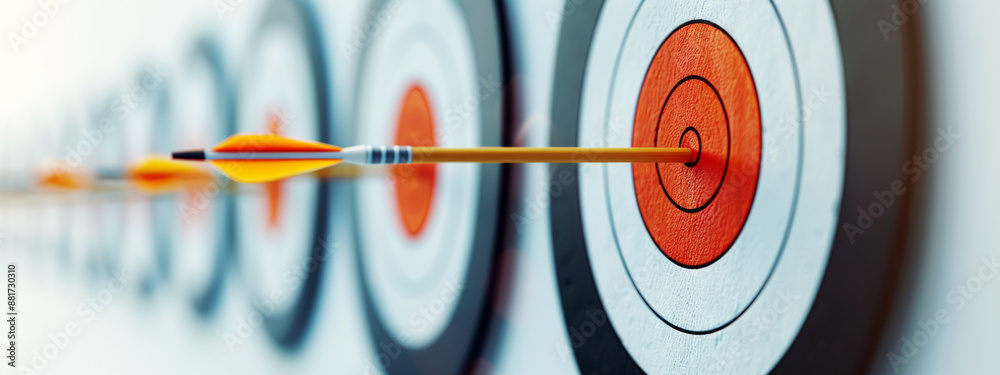 Poster multiple archery targets in a row, with the closest hit in the bullseye, bright background, concept 