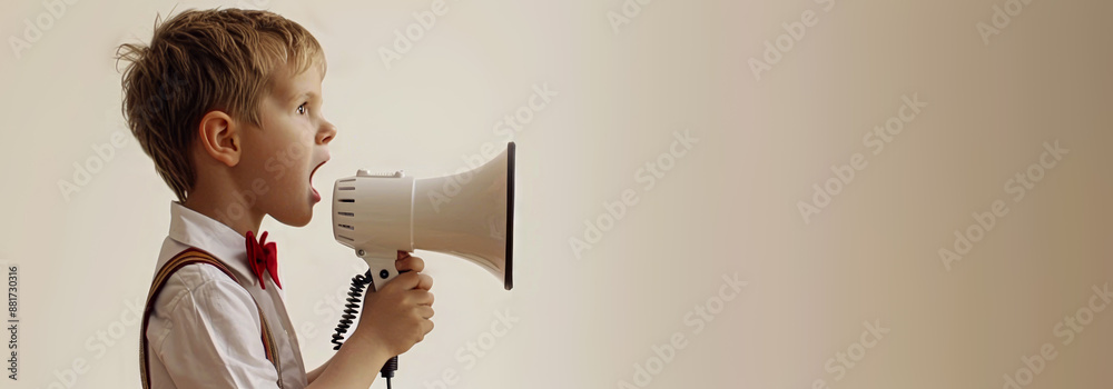 Poster a boy in a formal outfit with suspenders and a bow tie speaking into a megaphone on a light beige ba