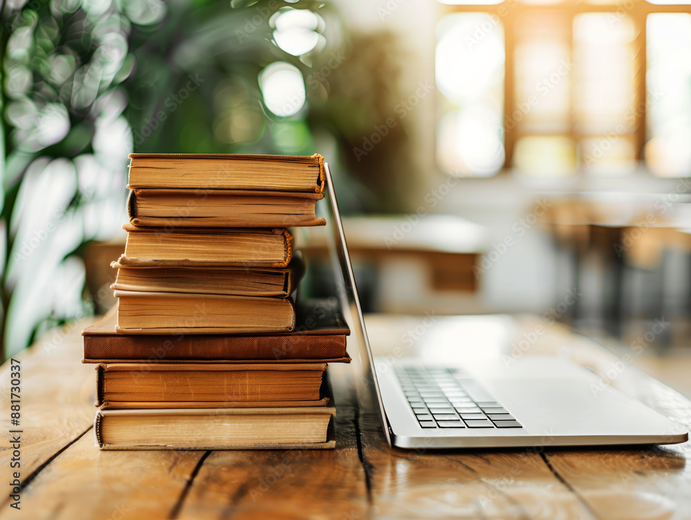 Poster A stack of old books next to an open laptop on a wooden desk, with a blurred green background symbolizing the merger of traditional and digital knowledge. Generative AI