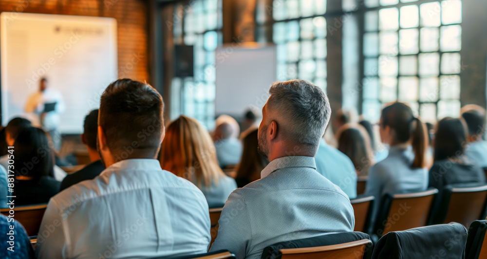 Aufkleber audience seated at a conference, focused on a speaker at the front, brightly-lit room, concept of le