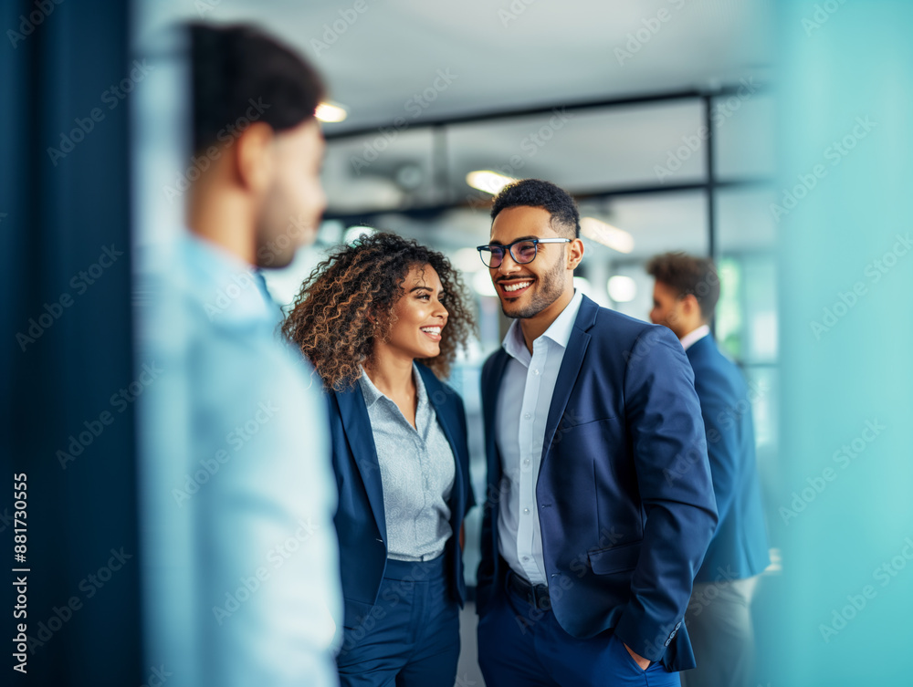 Poster professional colleagues in a discussion, smiling in an office environment, modern office background,