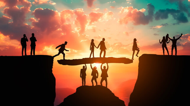 Silhouetted people on a cliff at sunset, two shaking hands over a gap, against a vibrant sky, conveying teamwork. Generative AI - Powered by Adobe