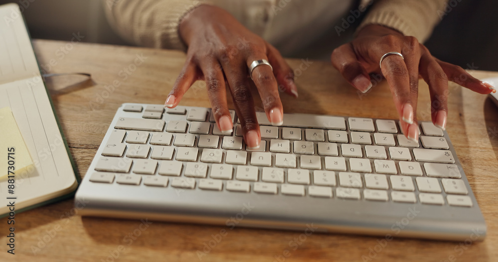 Aufkleber hands, keyboard and typing at desk office for research, planning and email or digital report. work f